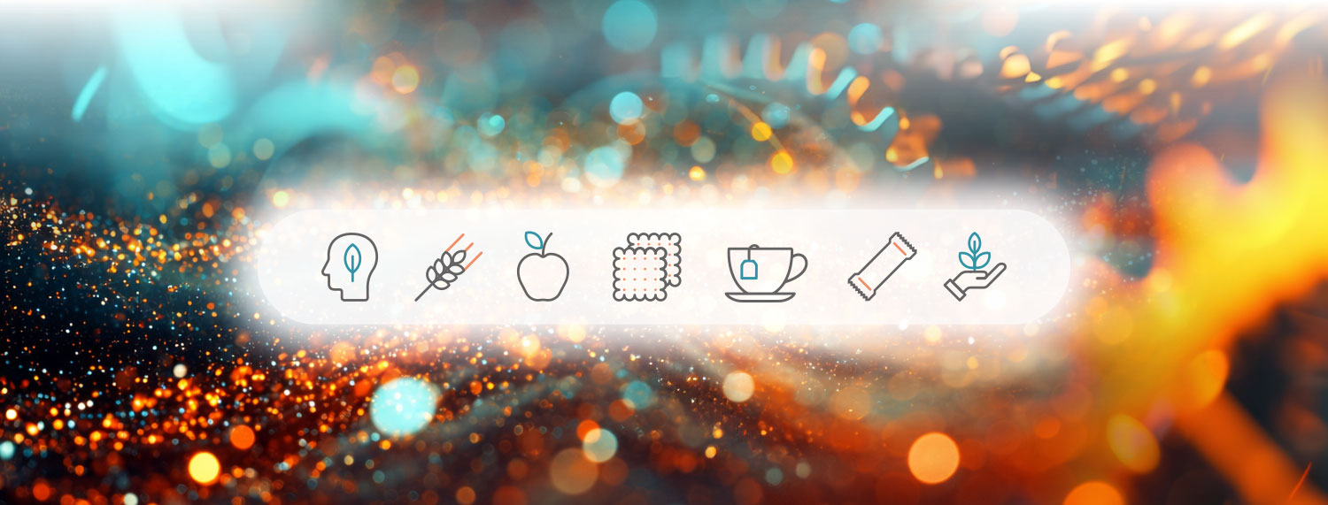Icon-Leiste mit Symbolen für nachhaltiges Denken, Getreide, Obst, Kekse, Tee und Snackriegel als visuelle Darstellung von Produktionsabläufen und digitalen Prozessen in der Lebensmittelproduktion sowie von Prozessen, Technologie und Verantwortung innerhalb der SBS Smart Business Solutions.